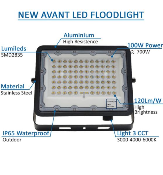 100W NEW AVANT LED Floodlight Black 3 CCT - LED Floodlight