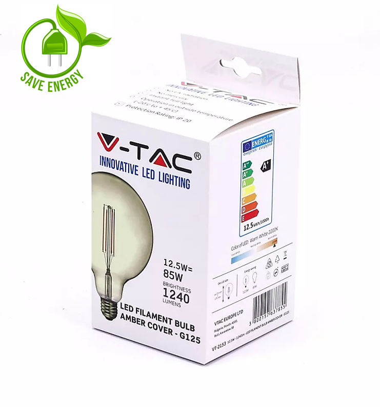 12.5W G125 E25 LED Filament Bulb Clear Glass 2200K - E27 Retro