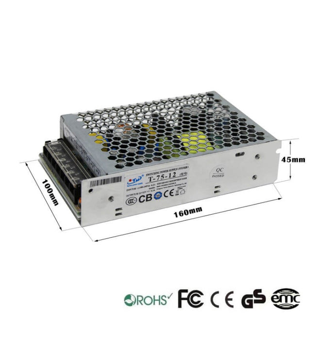 12V 75W 6.3A Power Supply - Aluminum IP20