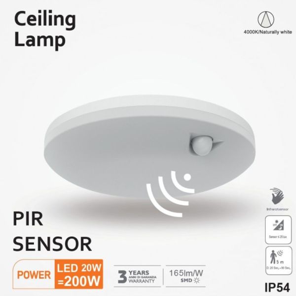 20W Outdoor LED Ceiling Light with Motion Sensor 4000K