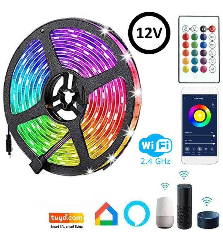24W Dimmable Smart WiFi LED Strip 5m 12V with Remote Control - LED Strip