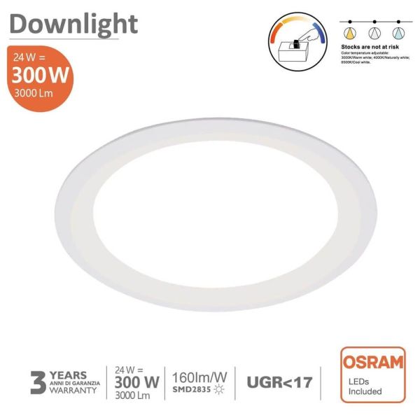 24W Round LED Downlight with OSRAM Chip and 4 CCT - LED ceiling