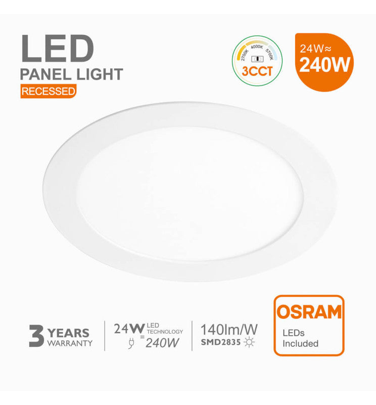 24W Slim Circular Recessed LED Downlight with OSRAM Chip 3 CCT - Ceiling Light Fixtures - Panels