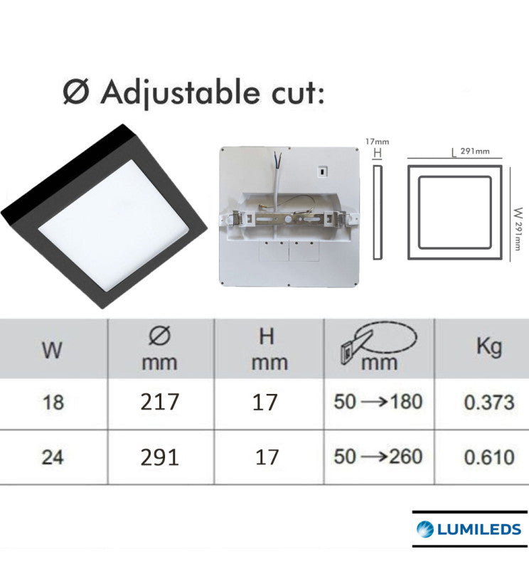 24W Square MOSS LED Ceiling Light in Black 3 CCT with Adjustable Cut-Out - Ceiling Light Fixtures - Downlights