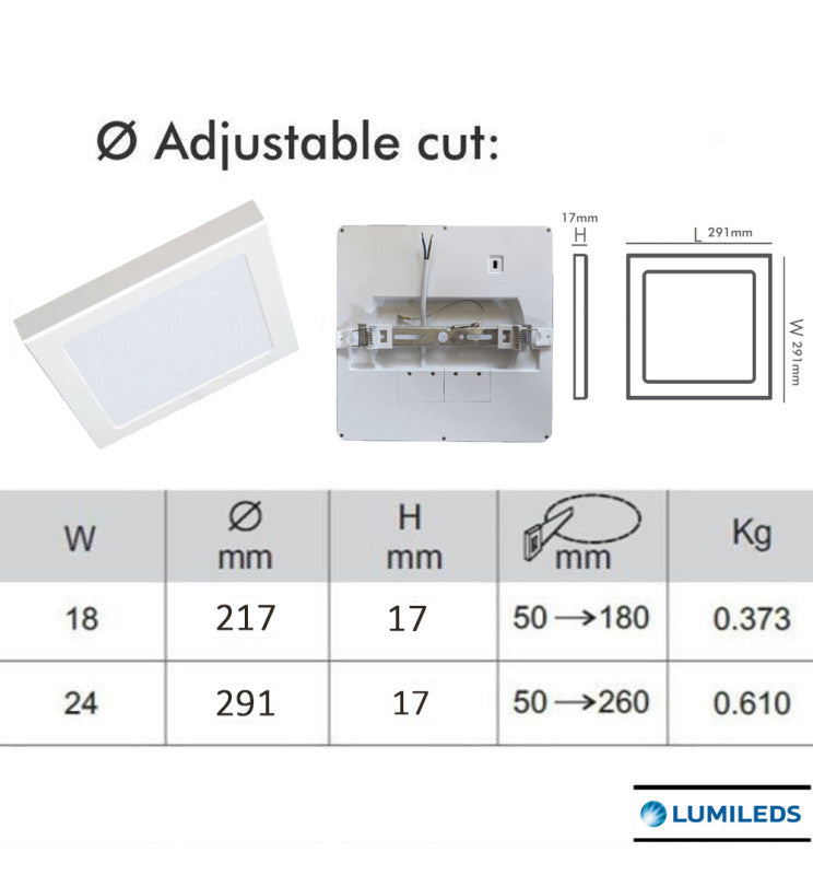 24W Square MOSS LED Ceiling Light in White 3 CCT with Adjustable Cut-Out - LED ceiling lighting