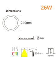 26W Slim LED Downlight with OSRAM Chip 3 CCT Cut-out 220mm - Ceiling Light Fixtures - Panels