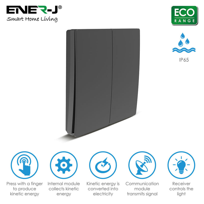 2 Gang Wireless Kinetic Switch ECO RANGE - Black