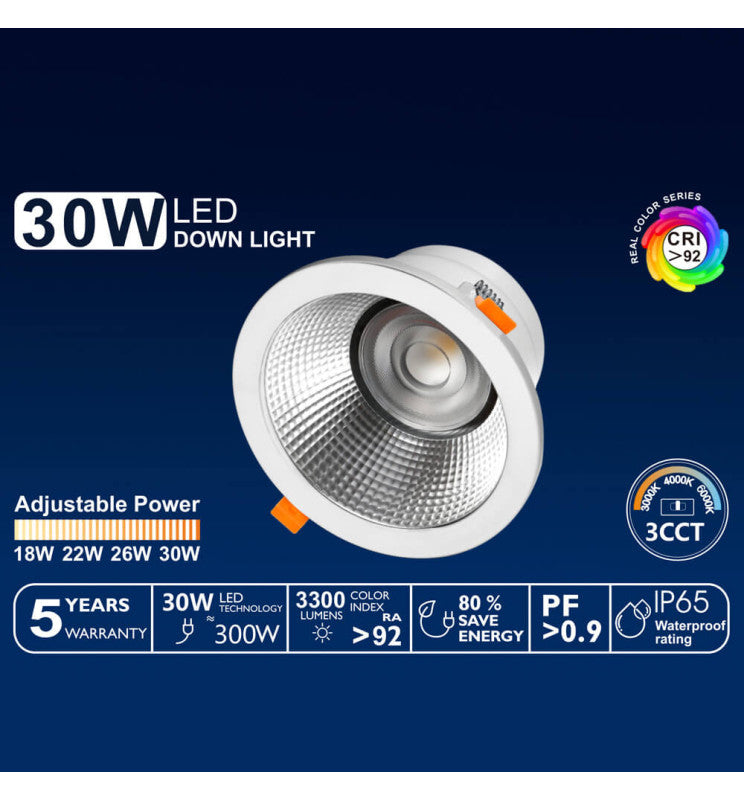 30W Circular LED Downlight GXtronic CRI + 92 Cut-out Ø145mm 3CCT IP65 - Downlights