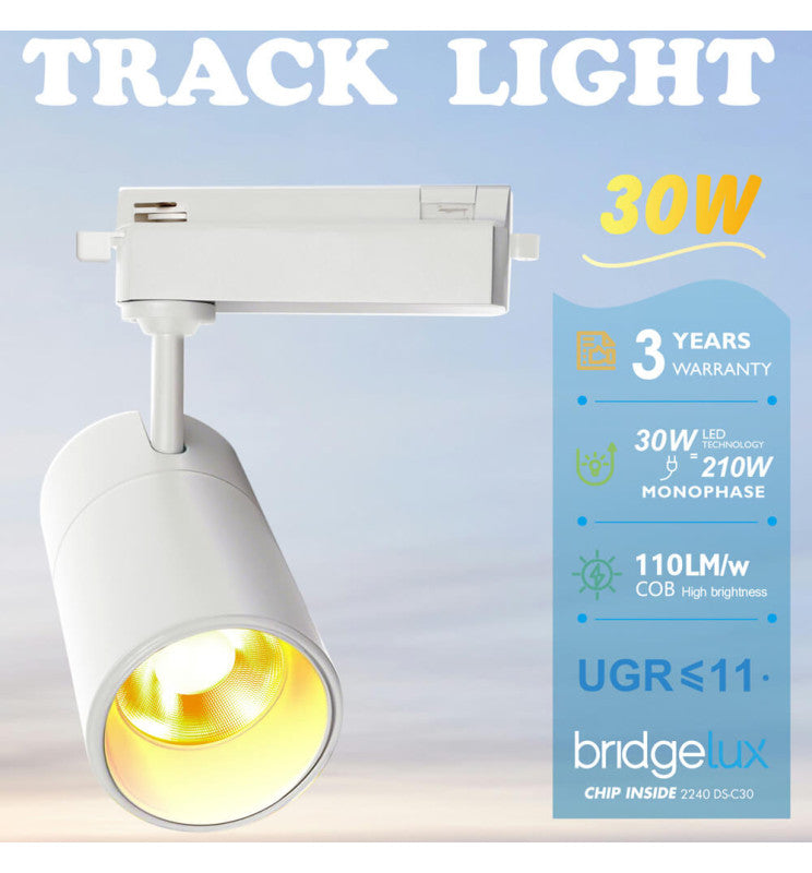 30W LED Track Light PARIS White Single-Phase with Bridgelux Chip UGR11 24º - 4000K / FAST 2-4 Working days - Track