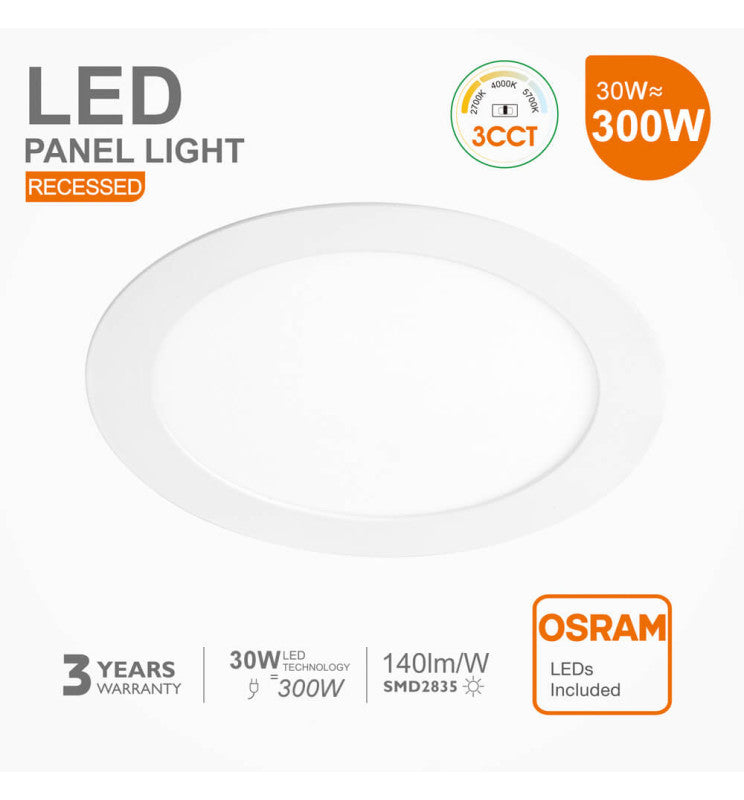 30W Slim Round LED Downlight OSRAM Chip 3 CCT Cut-out 280mm - Ceiling Light Fixtures - Panels