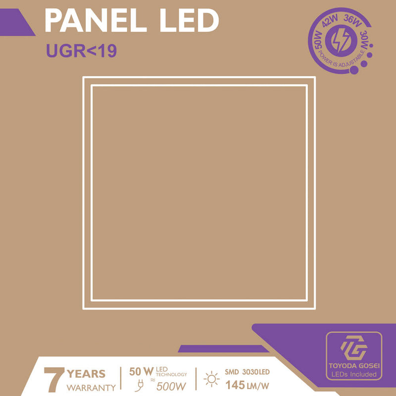 50W-42W-36W-30W LED Panel 60x60 TOYODA GOSEI LEDs 145lm/W UGR19 7-Year Warranty 4000K 10Pack