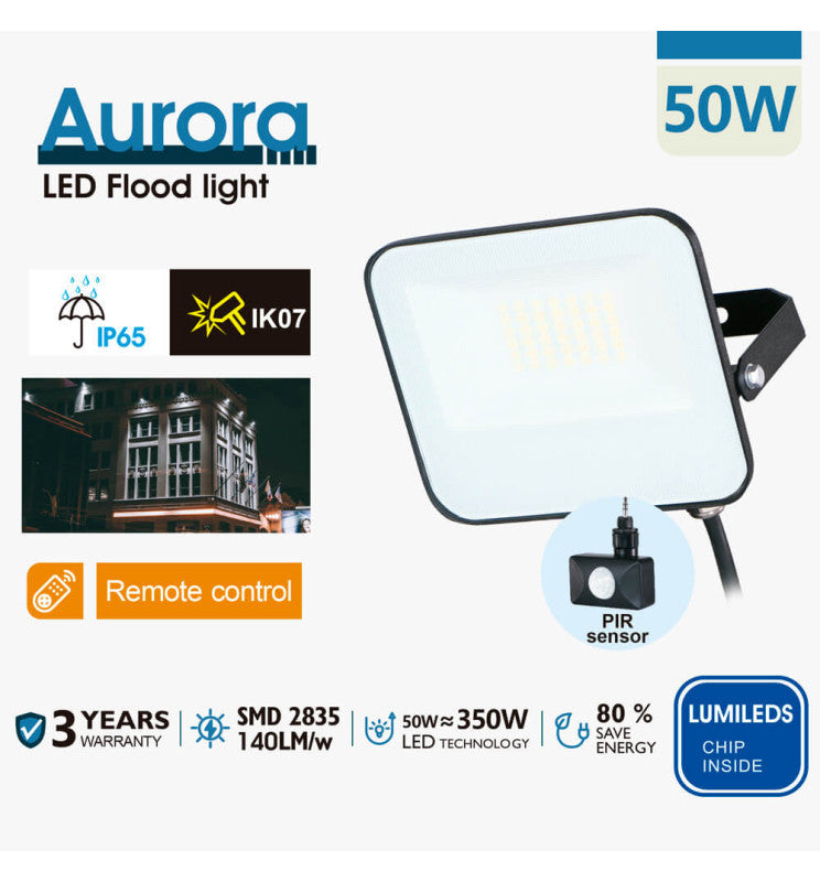 50W LED Floodlight AURORA 140Lm/W with PIR Motion Sensor - Flood & Spot Lights - Floodlights