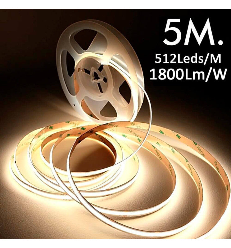 5m 24V LED Strip COB 15W/m 512LED/m 1800lm/m 10mm IP20 CRI90 - Strip Lights