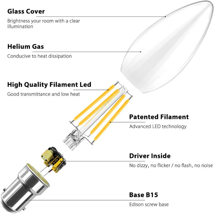 6 Pack of LVWIT 4W LED Filament Candle Bulb B22 2700K - Candle Bulb