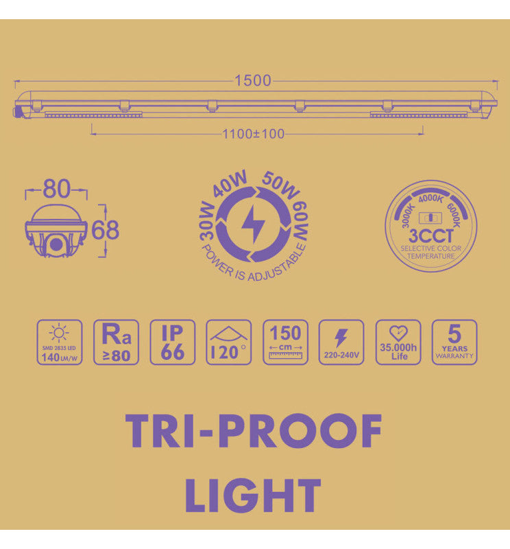 60W to 30W Tri-Proof LED Batten 150cm with GXtronic Driver and OSRAM Chip 3CCT IP66 - Ceiling Light Fixtures - Battens