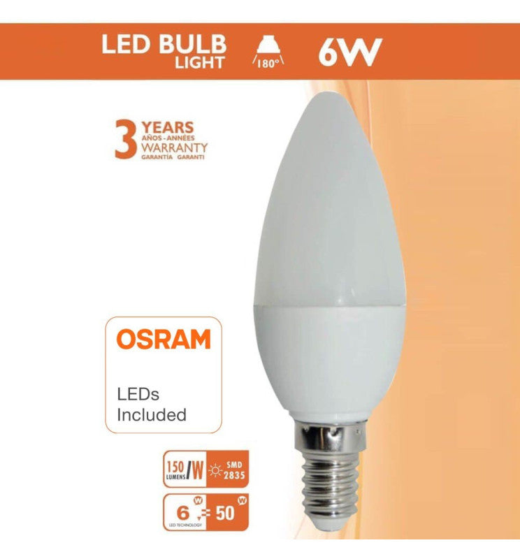 6W C37 E14 LED Candle Bulb with OSRAM Chip 3000K - LED Light Bulbs - Lamps