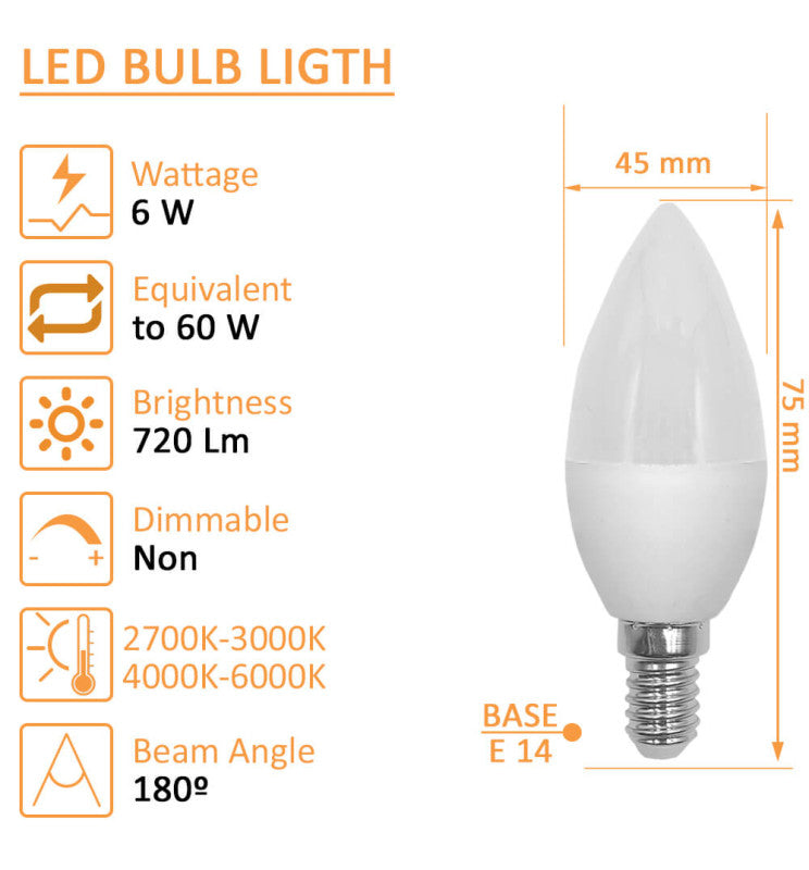 6W C37 E14 LED Candle Bulb with OSRAM Chip 3000K - LED Light Bulbs - Lamps