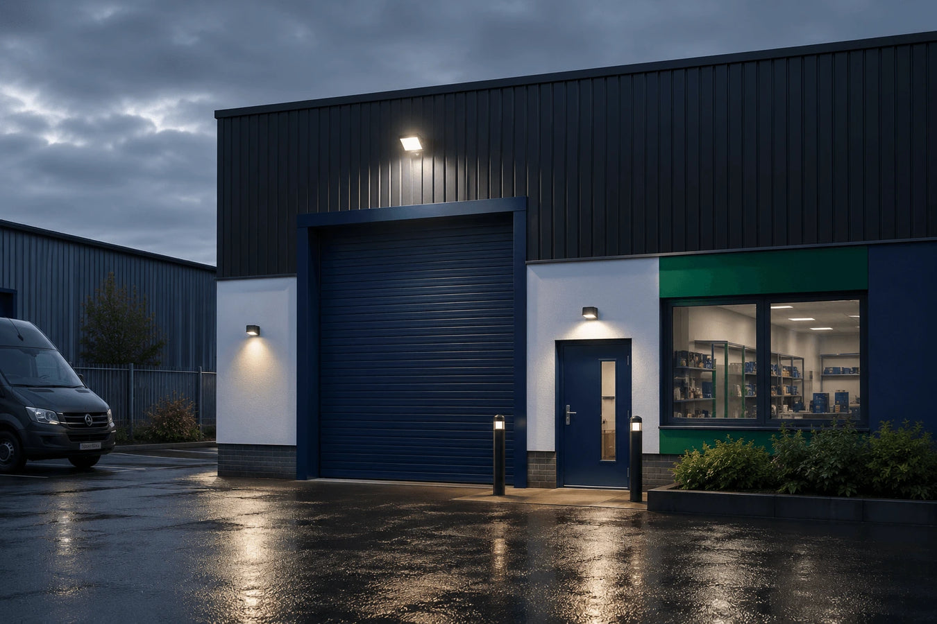 Modern industrial building exterior with a van parked outside on a cloudy evening.