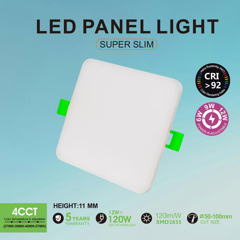 6W/9W/12W Selectable Square LED Downlight Frameless Adjustable Cut out 50-100mm 4CCT IP20