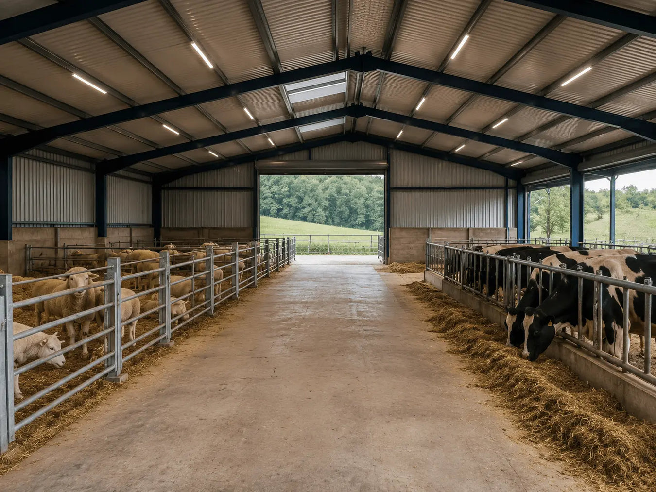 Cattle inside a large barn with metal roof and concrete floor, surrounded by greenery outside.