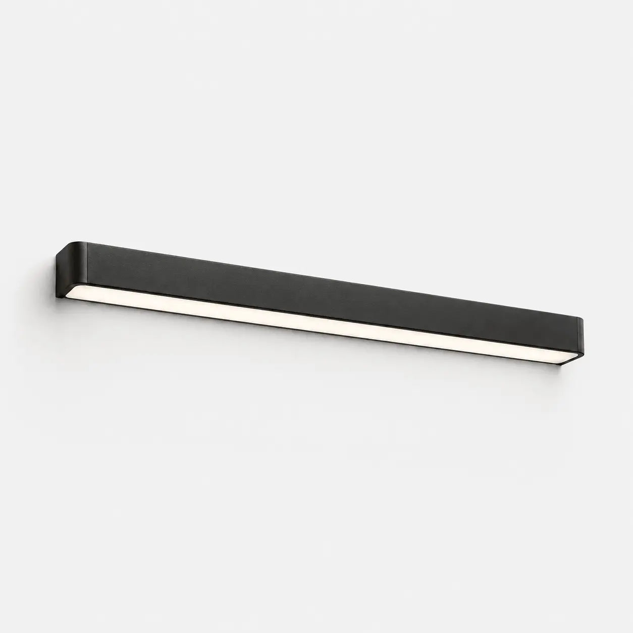 Modern black wall-mounted light fixture with four glass shades on a white background