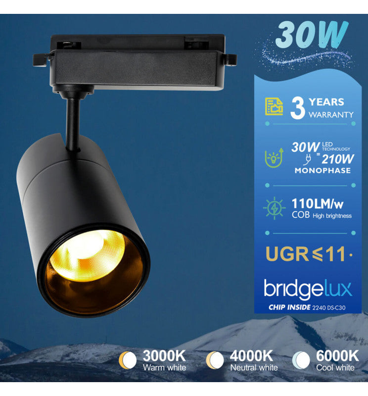 30W LED Track Light PARIS Black Single-Phase with Bridgelux Chip UGR11 24º