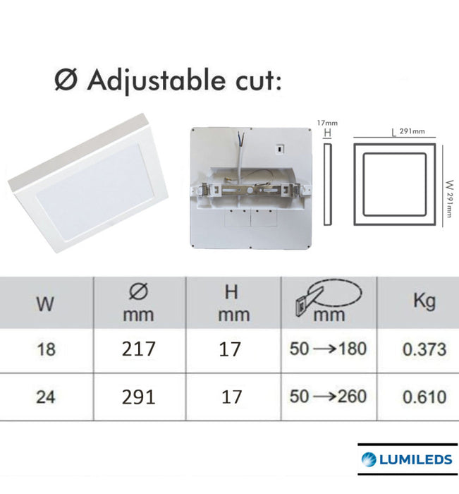 24W LED Ceiling Downlight Square White MOSS - Adjustable Cut Out - CCT