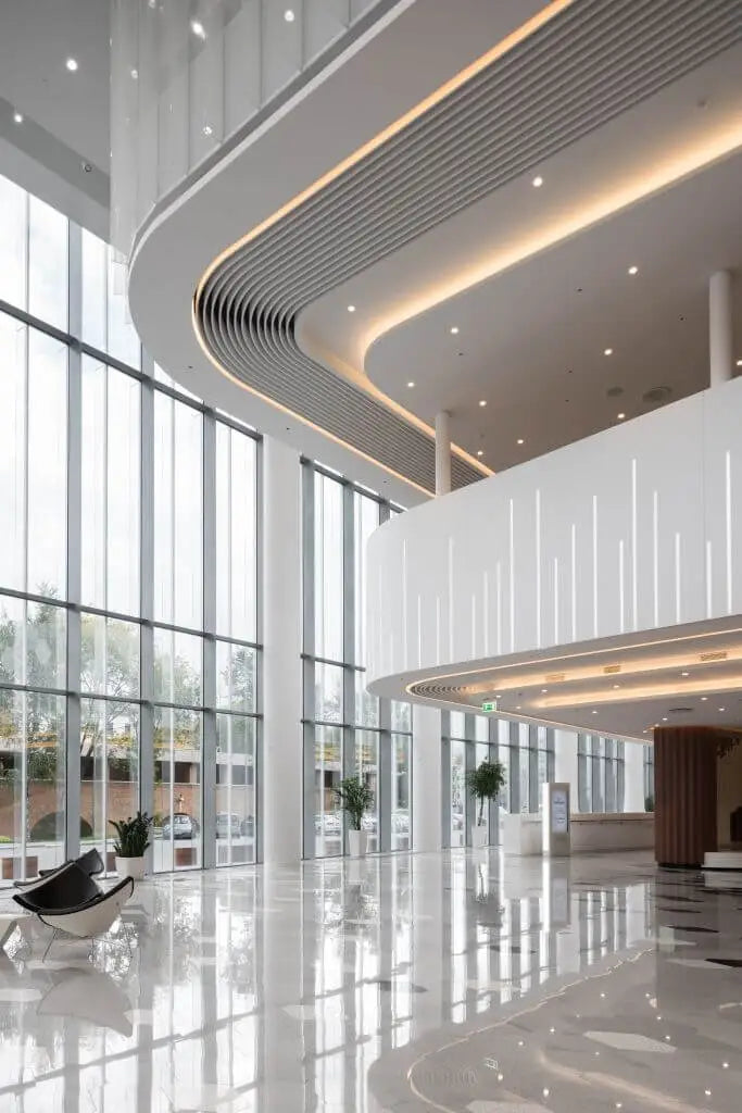 hotel lobby with ceiling lights
