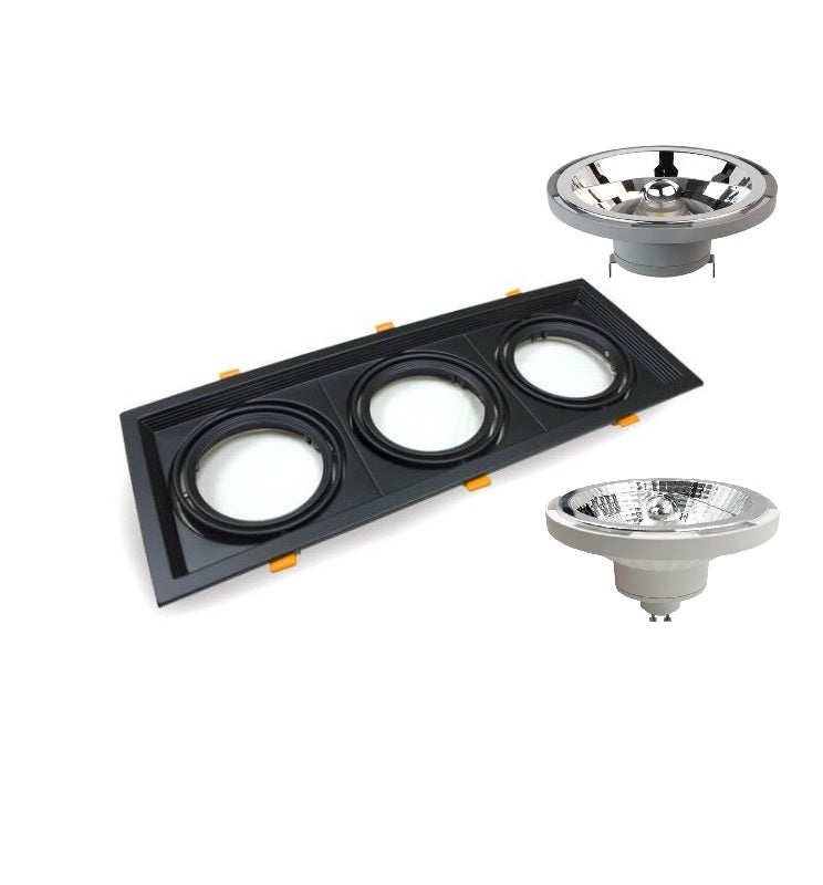 Housing for AR111 LED Bulbs Adjustable Triple Recessed Black - LED Accessories