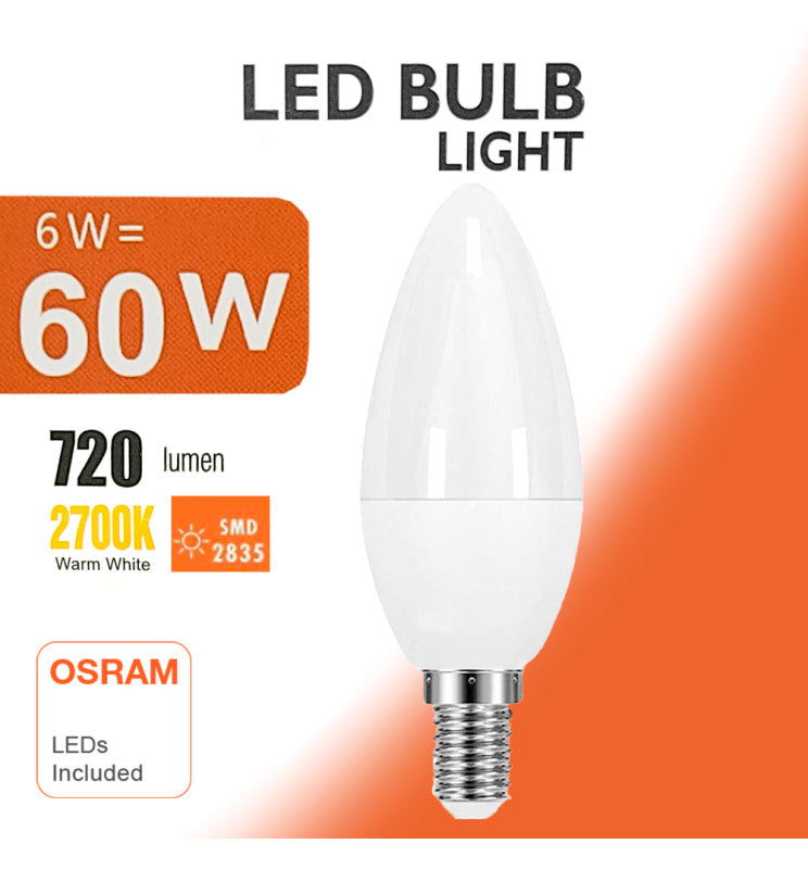 6W C37 E14 LED Candle Bulb with OSRAM Chip 3000K - E14 Candle Bulb