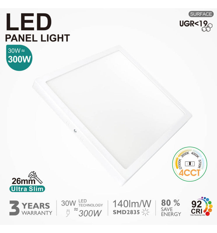 30W LED Ceiling Surface Light Square UGR19 140Lm/W CRI92 4CCT