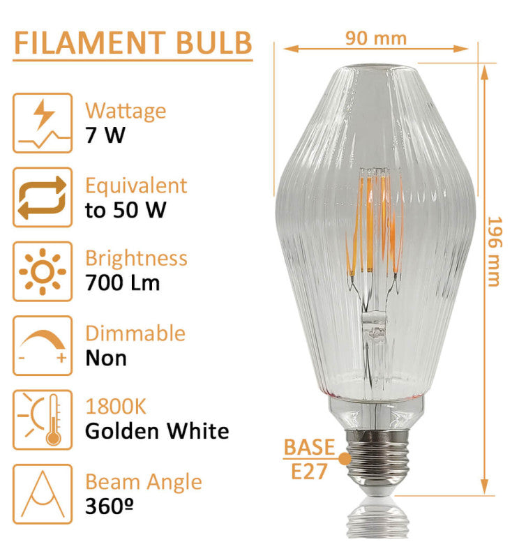 7W E27 Amber Diamond LED Filament Bulb - E27 Bulb