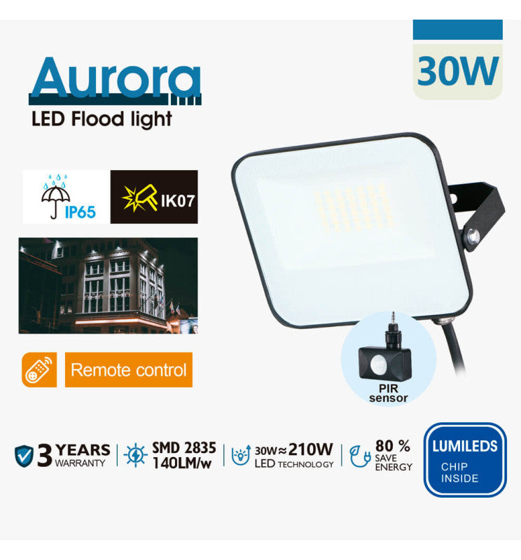 30W LED Floodlight AURORA 140Lm/W with PIR Motion Sensor