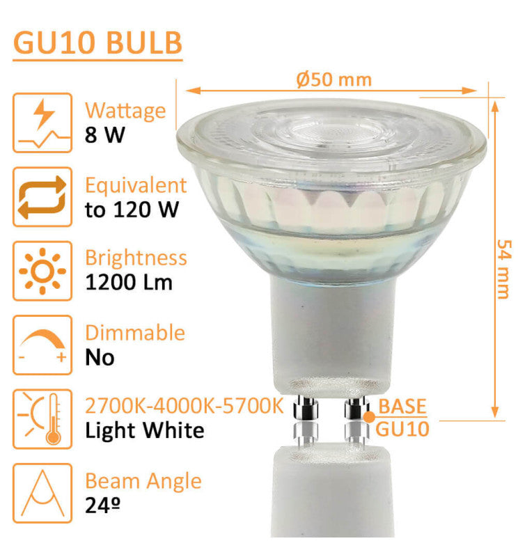 8W HIGH LUMINOSITY LED GU10 Bulb - Glass - 24º 4000K