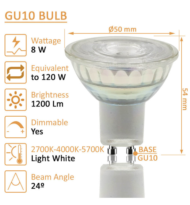 8W HIGH LUMINOSITY DIMMABLE LED GU10  Bulb - Glass - 24º 4000K