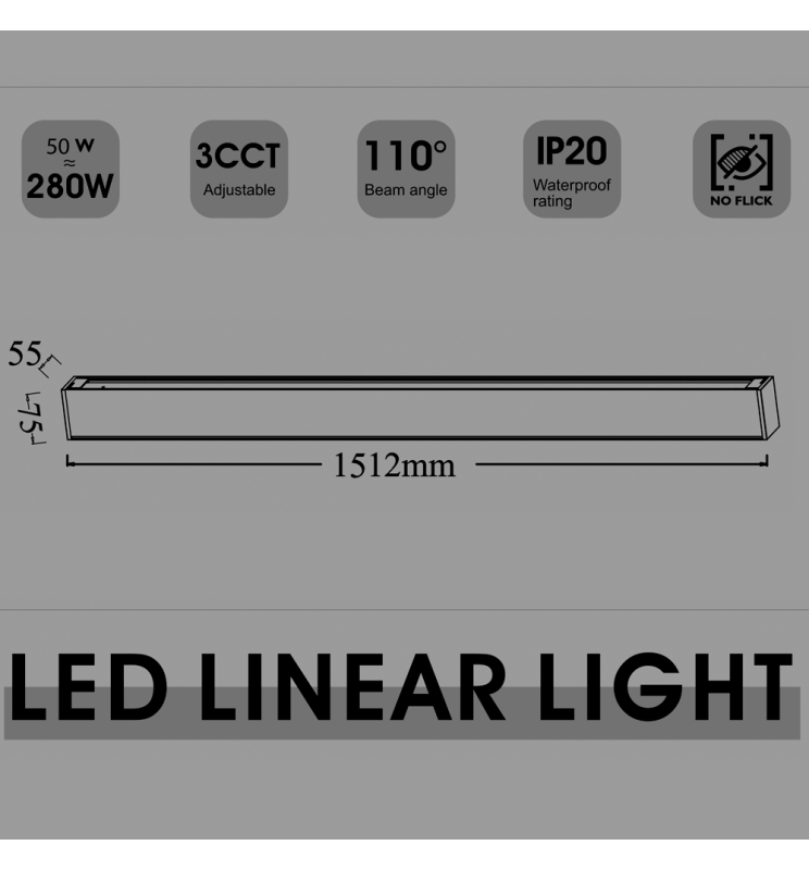 50W White Linkable Linear POLARIS LED Pendant Light 150cm 3 CCT
