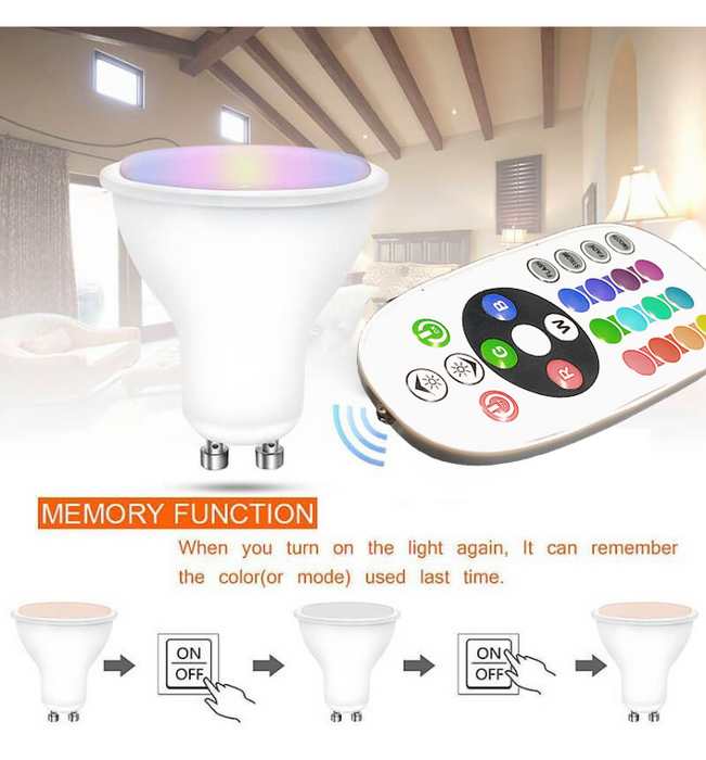 8W LED GU10 Bulb RGB+3000K 110º with Remote Control