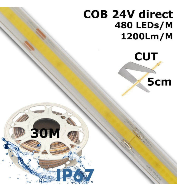 24V LED COB Strip 480 LED/m 1200Lm/M 12W/M CRI90 IP67 - 30m - LED Strip