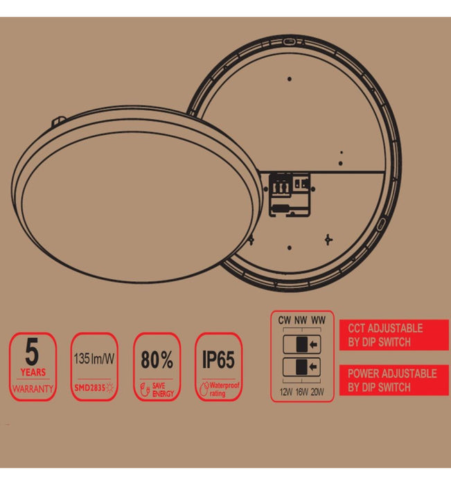 20W-12W Selectable Wattage LED Bulkhead IP65 - CCT