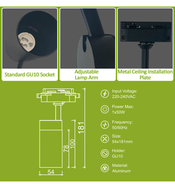 8W Dimmable Single Phase Track Light Black with GU10 LED Bulb - LED Tracking Light