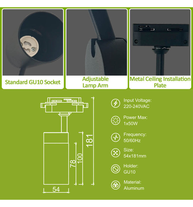 8W Single-phase Track Light with GU10 LED bulb - BLACK - TRIAC Dimmable