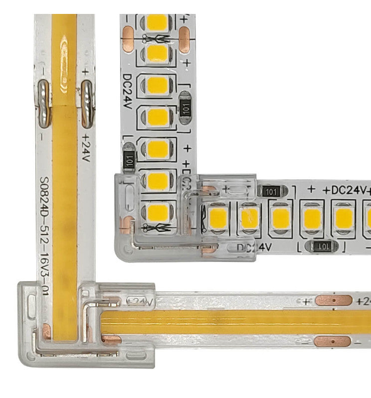 Transparent Union L Connector for COB + SMD LED Strips 8mm - 10mm IP20